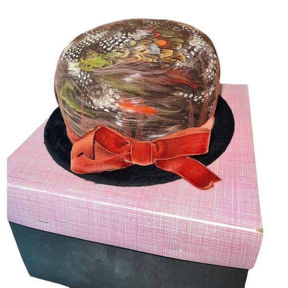 Vintage Waterfowl Hat & Netting By Powell Millinery Studio Reading PA & Box - Picture 1 of 7